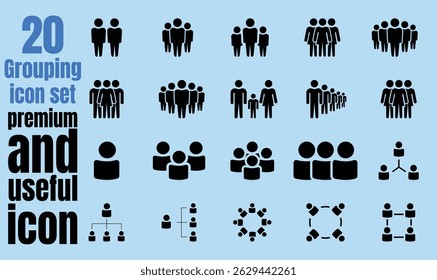 Set of black vector line icons representing groups of people, team members, and user profiles. Ideal for depicting teamwork, users, and communities in a minimal, modern style.
