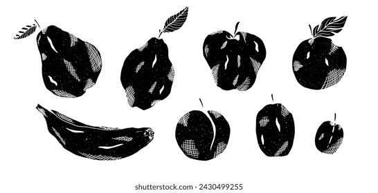 Conjunto de ilustraciones de frutas de estilo de linóculo de vector negro. Manzana texturizada linda, pera, membrillo de limón, plátano para el diseño, cocina y anuncio de la tienda, banners, etiqueta engomada, paquete