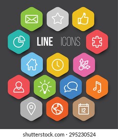 Set of black vector minimalistic thin line icon in color hexagons - white version