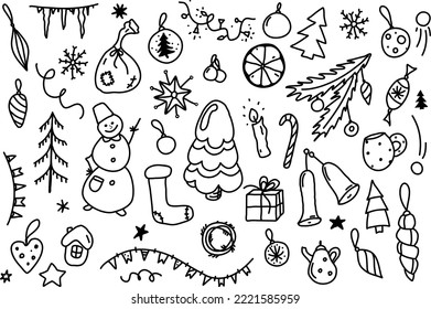 Set of black vector New Year's drawings on a transparent background. Elements for Christmas decor - cards, wrappers, patterns. Festive theme, naive style.