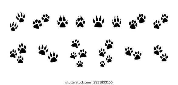 Set von schwarzen Vektorgrafiken. Tierabdrücke Silhouetten, Illustrationen für Haustiere, Tierschutzthema, Naturschutzgebiete, Obdachlosenheime, Tierläden und Tierkliniken. 