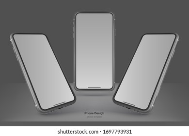 Set of black vector phones isolated on black background. Realistic template. Mock up with empty screen for business presentations.