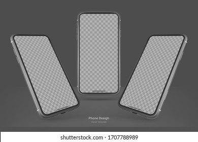 Set of black vector phones isolated on black background. Mock up with empty screen for business presentations.