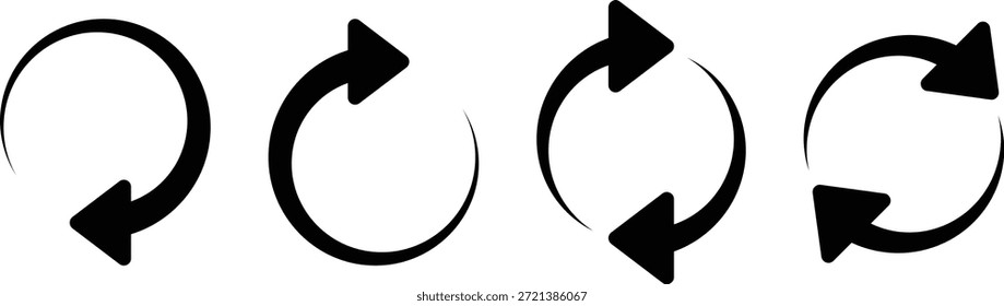 Satz schwarzer Vektorrotationspfeile. Kreislaufbewegungssymbole zum erneuten Laden, Aktualisieren, Synchronisieren und Wiederholen. Minimalistische flache Design-Symbole, die für Web-, mobile Apps und grafische Benutzeroberflächenelemente geeignet sind.