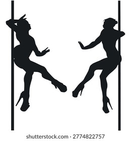 Set of black vector silhouettes of beautiful elegant women dancing pole dance.	