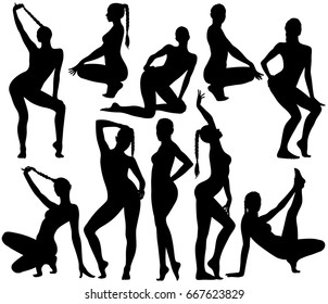 Set of black vector silhouettes of beautiful slim pinup girls with long hair standing, siting and dancing in different sexy poses. Shapes of women in bikini.