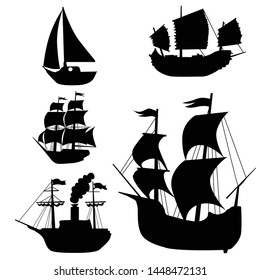 Set of black, vector silhouettes of classical sailing boat. Collection with caravel, chinese junk, yacht and steam ship. Motive of great geographical discoveries, sailing, trade and history