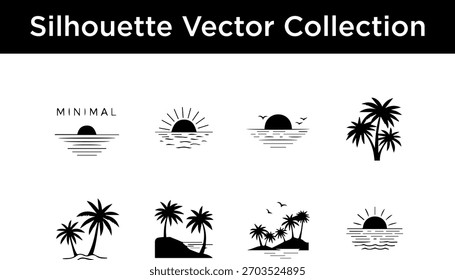 Un conjunto de siluetas de Vector negro que representan varias escenas tropicales: puesta de sol sobre el agua, palmeras en playas e islas y aves voladoras.