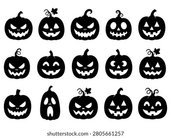 A set of black vector silhouettes depicting various jack-o'-lantern pumpkins against a clean white background, perfect for Halloween designs.