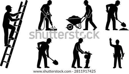 A set of black vector silhouettes depicting construction laborers performing various manual tasks like digging, drilling, and climbing. These professional icons are perfect for industrial branding, safety posters, and construction site signage.
