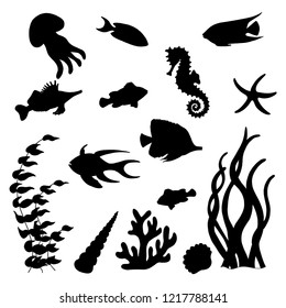 The set of black vector silhouettes of different sea fish, seahorse, starfish, jellyfish, seashells, algae, coral on white background