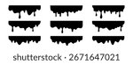 Set of black vector silhouettes featuring various dripping and melting liquid borders. Collection with paint drips, ink stains, or melting chocolate, syrup