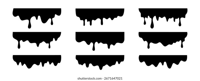 Conjunto de silhuetas vetoriais pretas com várias bordas líquidas de gotejamento e fusão. Coleta com gotejamento de tinta, manchas de tinta, ou derretendo chocolate, xarope