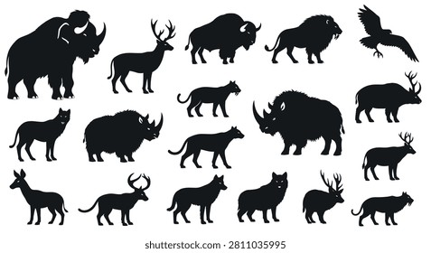 Set of black vector silhouettes featuring prehistoric Ice Age megafauna such as woolly rhinoceros, bison, saber-toothed tigers, wolves, elk, and birds of prey on a clean white background.