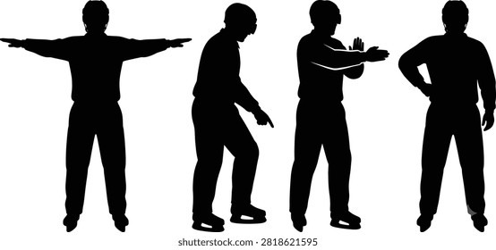 A set of black vector silhouettes featuring ice hockey referees displaying various official hand signals and gestures while wearing helmets and skates. Ideal for sports rulebooks, infographics, tournament graphics, and editorial content about hockey regulations.