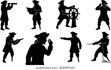 A set of black vector silhouettes featuring pirate captains with peg legs holding spyglasses, steering ship wheels, reading maps, and aiming flintlock pistols.