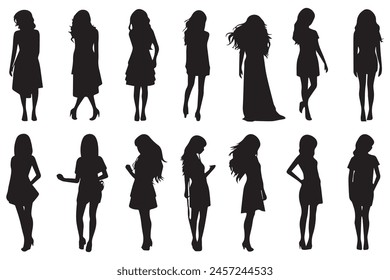 Set of black vector silhouettes of girls isolated on white background