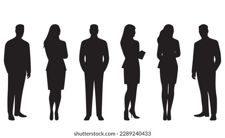 A set of black vector silhouettes, isolated on a white background, featuring a group of business people consisting of both men and women in a standing position.