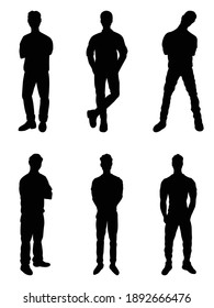 Set of black vector silhouettes of men in different standing poses isolated on white background