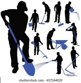 Set of black vector silhouettes of men working in garden with different colored instruments. Men  in different poses holding in his hands instruments for garden work. Icons of gardening men.