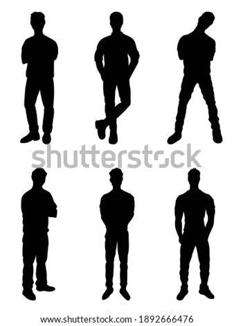 Set of black vector silhouettes of men in different standing poses isolated on white background