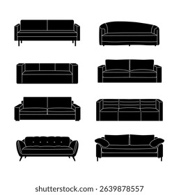 Set of black vector silhouettes of modern sofas. Minimalist furniture icons for interior design, home decor, catalogs, or web graphics. Isolated on white background.