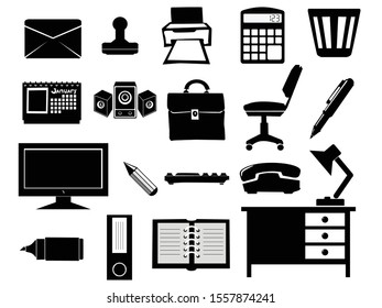 Set of black, vector silhouettes of office items. Topics of business, communication, office life, interior, computer, documents, partner agreements, copying legal documents