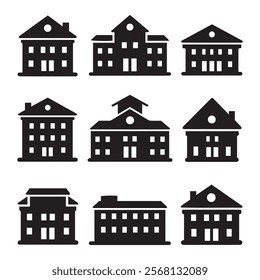 A set of black vector silhouettes of a school building, isolated on a white background.