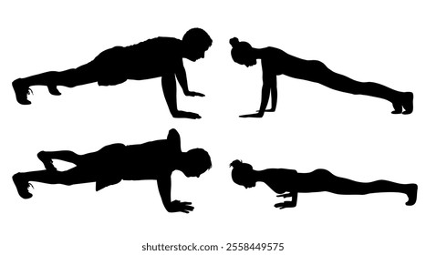 Set of black vector silhouettes of slim girl and boy doing fitness and yoga exercises. Active and healthy life concept.