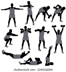 Set of black vector silhouettes of sportive man in costume doing fitness workout in different position. Icons of boy doing sport exercises isolated on white background. Healthy life concept.