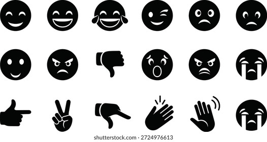 Un conjunto de siluetas de Vector negro de varios emojis y gestos de la mano sobre un fondo blanco.
