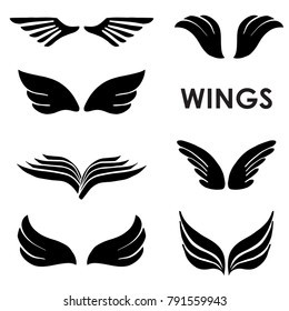 Set of Black Vector Silhouettes Wings Isolated on White Background. Elements for Logos, Tattoos, Labels and Badges Designs.