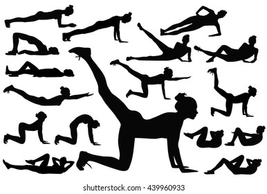 Set of black vector silhouettes of woman practicing fitness exercises down on the  floor in horizontal position. Slim girl doing sport workout.