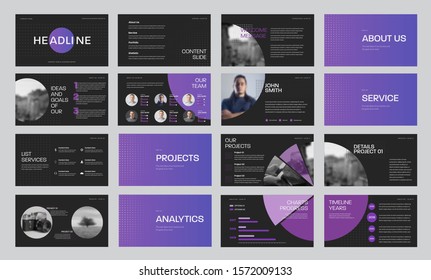 Set of black vector slide templates with gradient purple circles and photos, for annual report and presentation of web slides for marketing. Infographic timeline elements concept design.