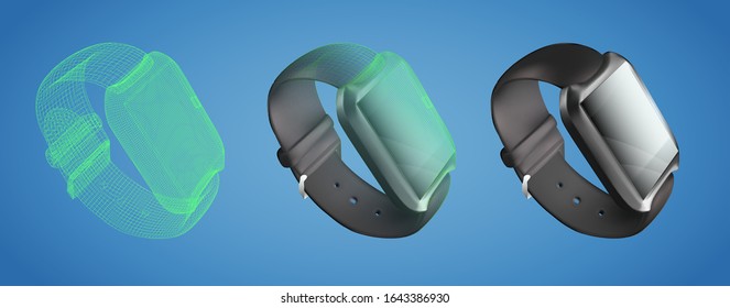 Set of black vector smart watches on a blue background