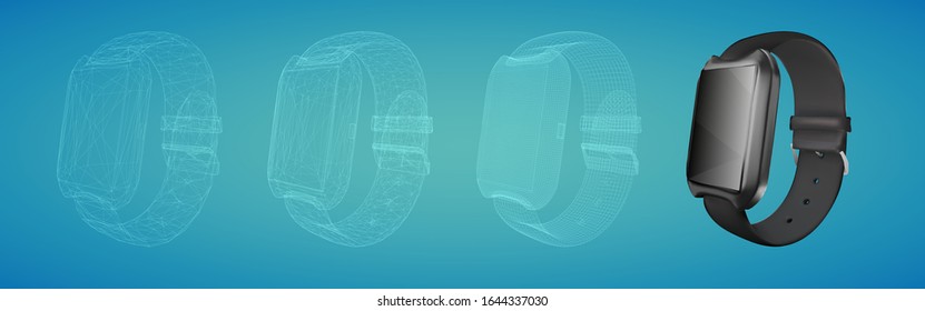 Set of black vector smart watches on a blue background