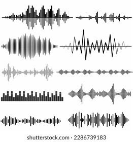 Set of black vector sound waves, equalizer and music icons, white background