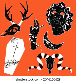 Set of black vector stickers. Hand-drawn cartoon. Ideas for tattoos. Coffin, face, animal bones, moon, statue, hand, snake.