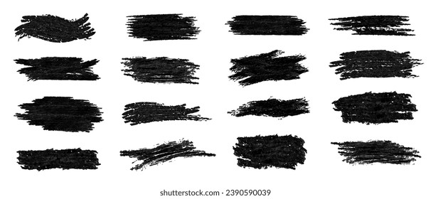 Set of black vector textured brush splashes. Detailed rough grungy blots, ink smears, paint smudges, pencil stains as text boxes. Template of freehand paintbrush strokes, artistic design elements