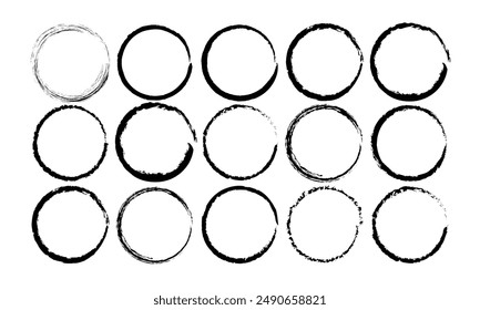 Set of black vector textured circles. Collection of round paint brush strokes. Hand drawn brush stroke textures  Ink frame set.