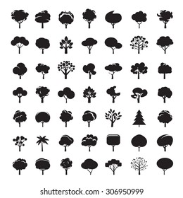 Set of black vector tree icons. Collection of outline graphic. Logo element.