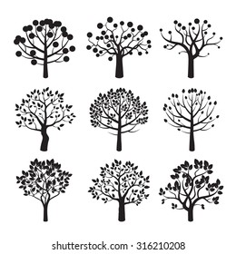 Set of black vector trees. Collection icon.