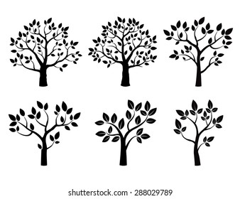 Set of black vector trees and leafs