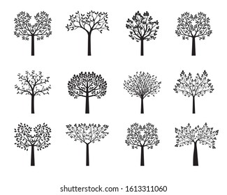 Set of black vector trees. Shape of plants. Vector Illustration.