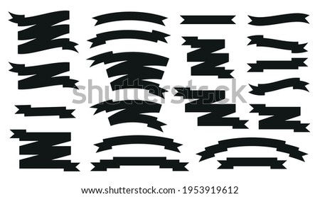 Set of black vector vintage ribbons isolated on white. Retro ribbon banner in modern simple flat design. Decoration elements for postcards, discounts and promotions.