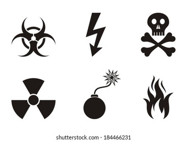Set of black vector warning symbols icons isolated