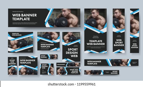 Set of black vector web banners of different sizes with intersecting ribbons. Design for sports, business and advertising.