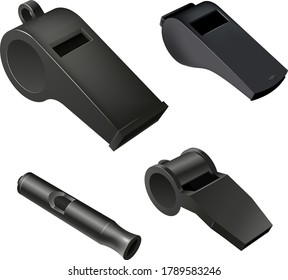 The set of black vector whistles for sport referee or coach