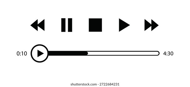Um conjunto de ícones pretos de controle do player de vídeo em um fundo branco, incluindo botões de reprodução, retroceder, avançar rapidamente, pausar e parar com uma linha de tempo