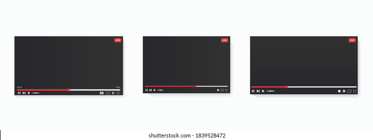 A set of black video players drawn in a flat style and isolated on a white background. The concept of blogging, online broadcasts, broadcasting, streams. Vector illustration